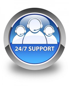 24/7 support (customer care team icon) glossy blue round button